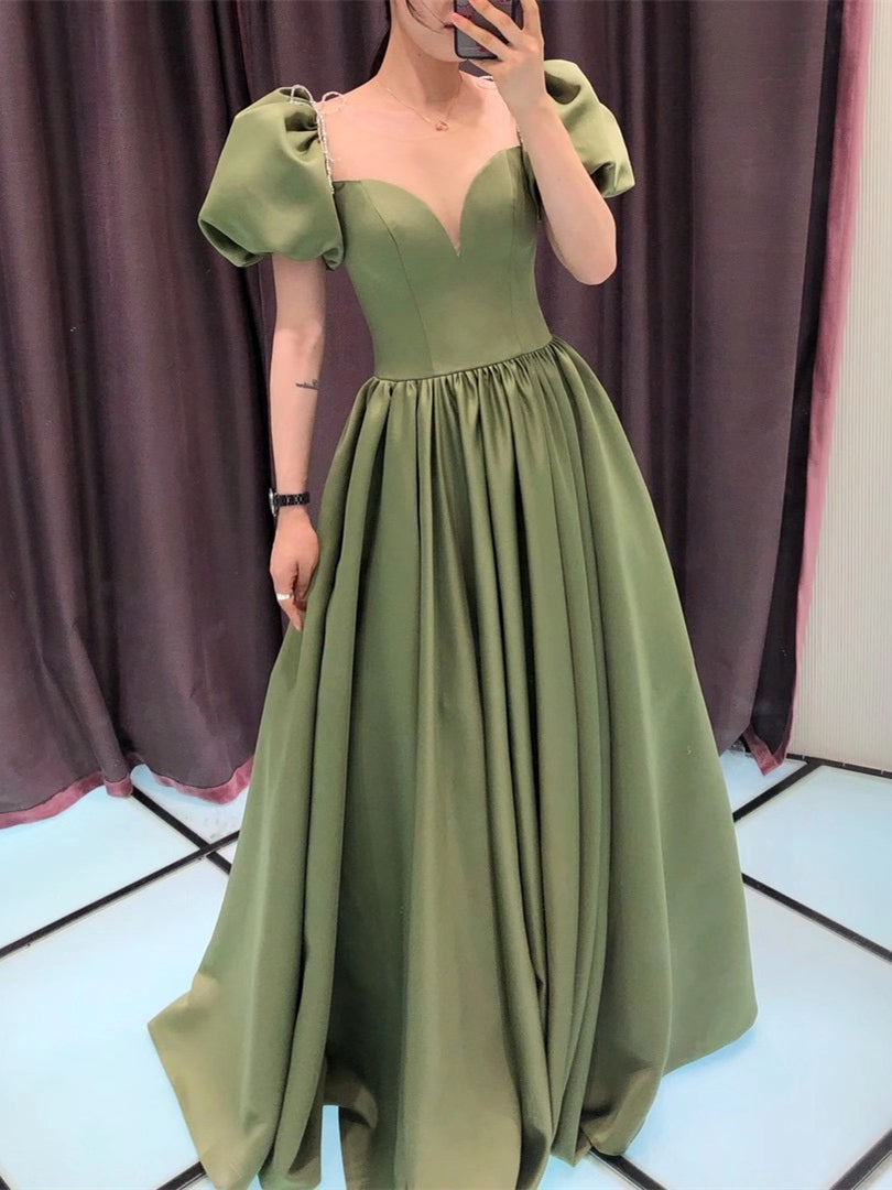 Gorgeous Bubble Sleeve Green Satin Long Prom Dresses, Formal Dresses, Berryera Gorgeous Bubble Sleeve Green Satin Long Prom Dresses, Formal Dresses, Berryera