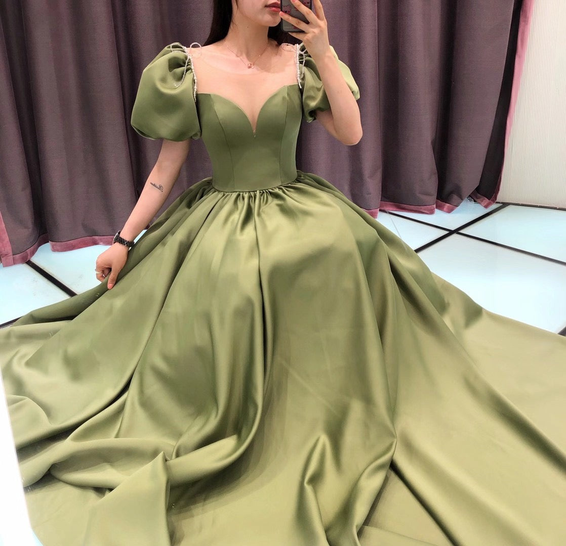 Gorgeous Bubble Sleeve Green Satin Long Prom Dresses, Formal Dresses, 2021 Prom Dresses