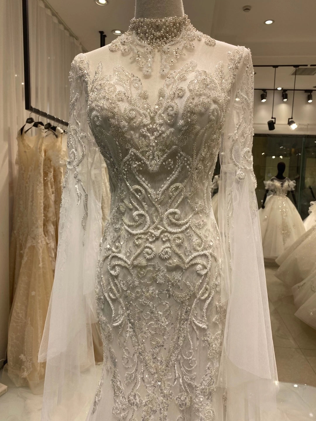 High Neck Luxury Beaded Lace Wedding Dresses, Mermaid Wedding Dresses, Lace Wedding Dresses, 2021 Wedding Dresses