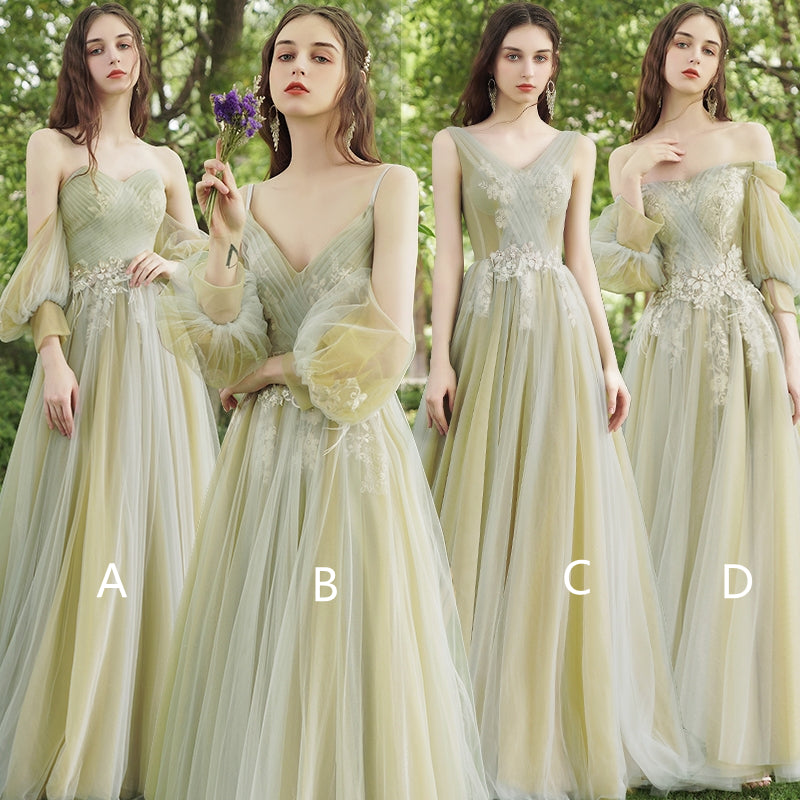 Mismatched Tulle Lace Appliques Bridesmaid Dresses, A-line Bridesmaid Dresses, Popular Bridesmaid Dresses, 2021 Bridesmaid Dresses