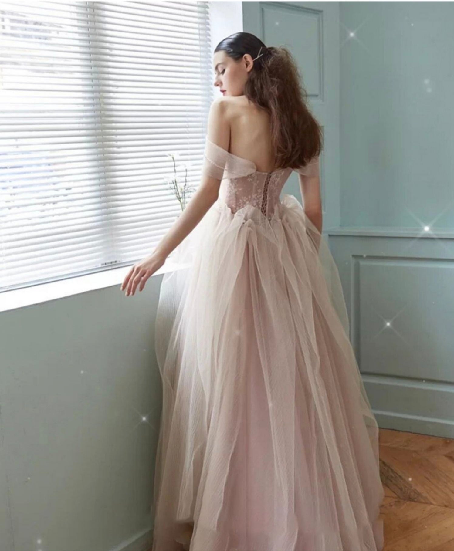 Off the Shoulder Pink Tulle Beaded A-line Prom Dresses, Lovely Prom Dresses, Sweet 16 Dresses, 2021 Prom Dresses