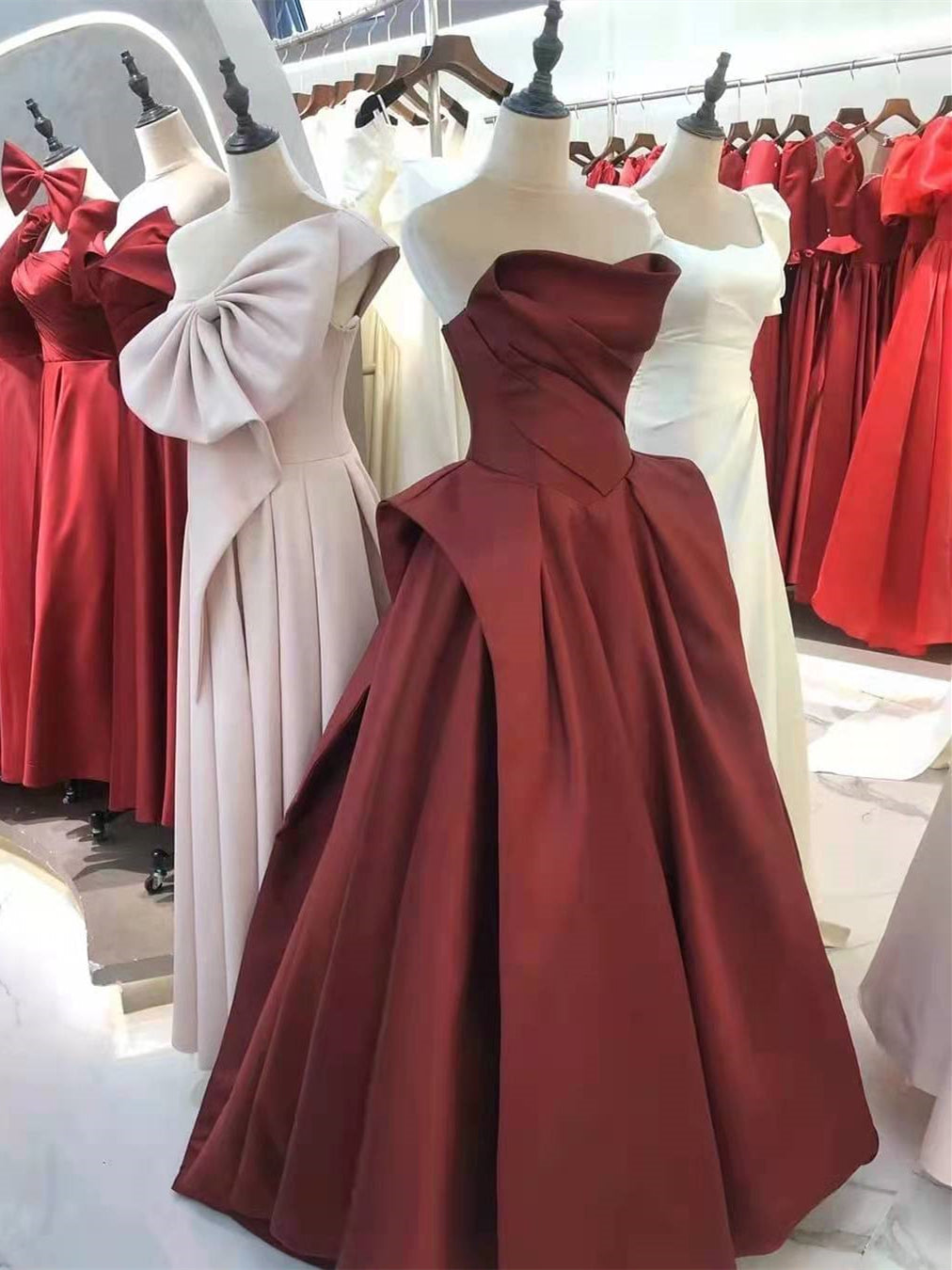 Strapless Burgundy Satin Long Prom Dresses, A-line Prom Dresses, Affordable Prom Dresses