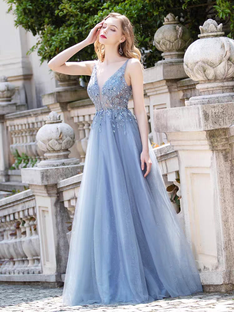 V-neck Dusty Blue Beaded Tulle Prom Dresses, A-line Prom Dresses, Newe Berryera V-neck Dusty Blue Beaded Tulle Prom Dresses, A-line Prom Dresses, Newe Berryera
