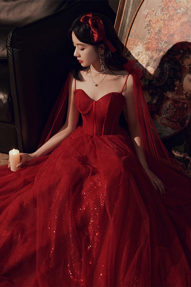 red elegant dress Spaghetti Long A-line Red Prom Dresses, Shiny Prom Dresses, Princessco – Berryera