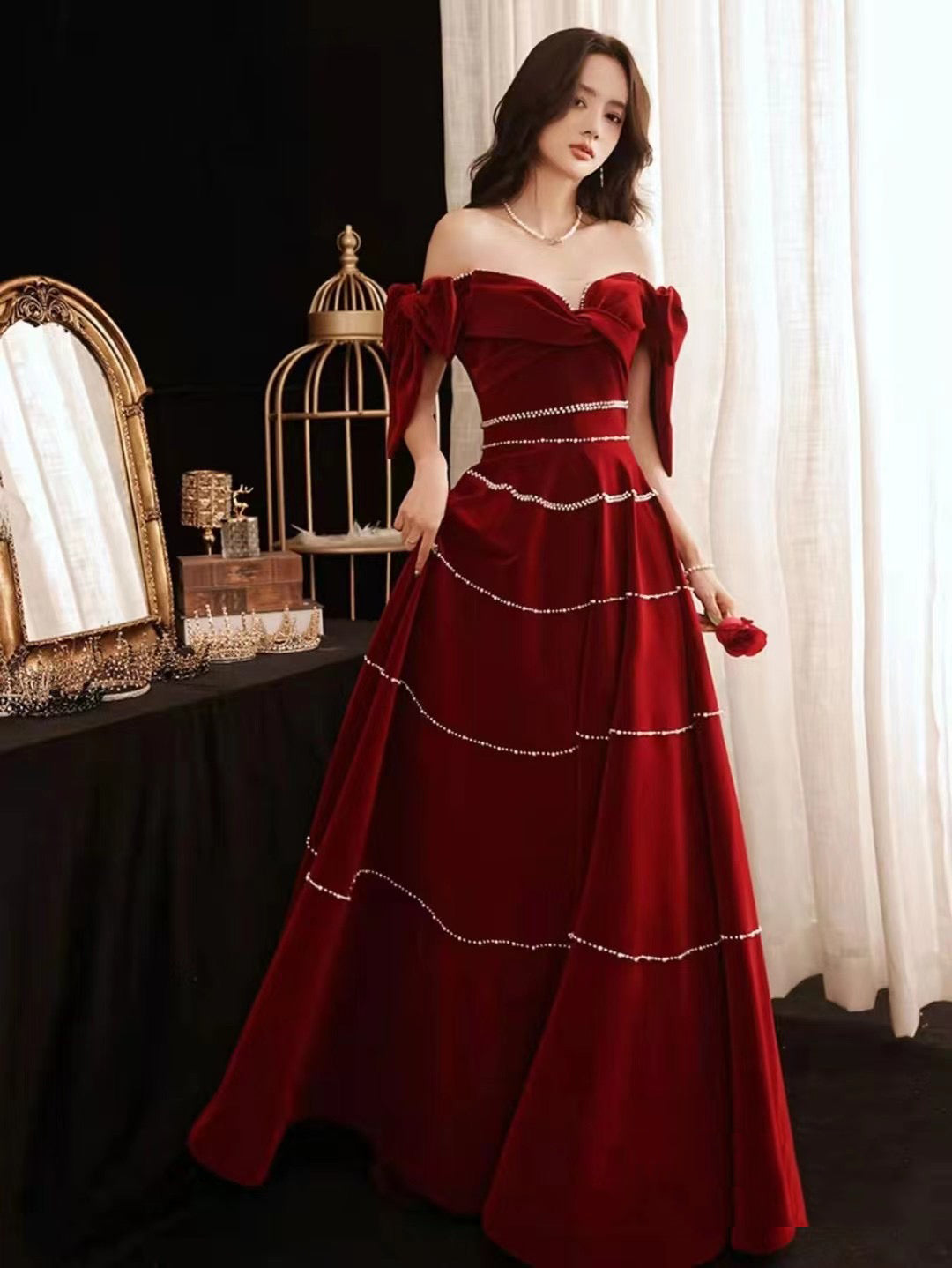 Burgundy Velvet Long Prom Dresses, Pearl Prom Dresses, A-line Prom Dresses, Formal Dresses, RC019