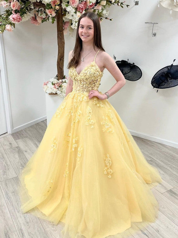 Spaghetti Straps A-line Prom Dresses, Lace Yellow Tulle Prom Dresses, Evening Party 2022 Prom Dresses