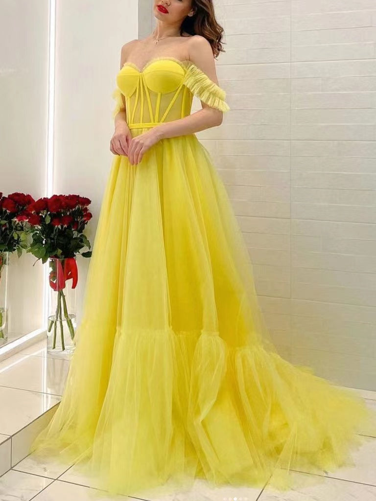 Off The Shoulder Yellow Color Long Prom Dresses, A-line Prom Dresses, Tulle 2022 Newest Prom Dresses