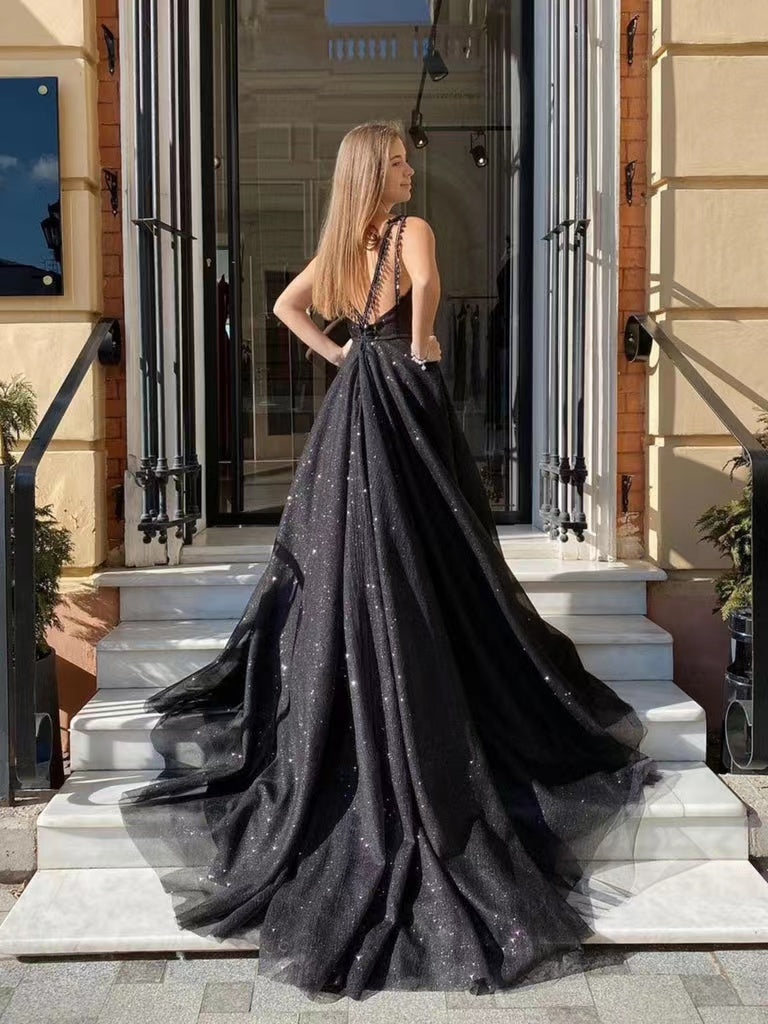 Black Color A-line Long Prom Dresses, Shiny Tulle 2022 Prom Dresses, Newest Evening party Dresses