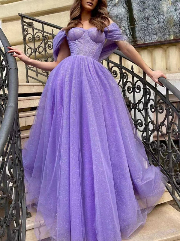 Off The Shoulder Shiny Long Prom Dresses, A-line Slit Evening Party Dresses, Purple 2022 Newest Prom Dresses