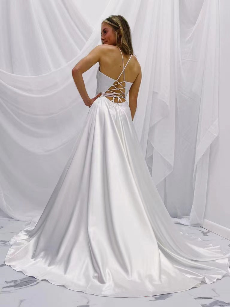 V-neck Satin Wedding Dresses, Simple A-line Wedding Dresses, New Arrival 2022 Bridal Gowns