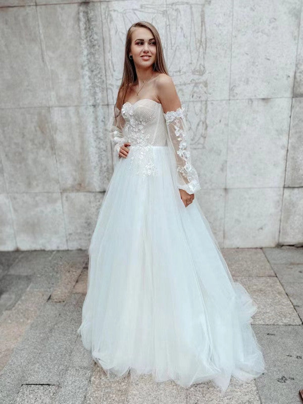 Detachable Sleeves A-line Wedding Dresses, Popular Lace Wedding Gowns, 2022 Newest Long Prom Dresses