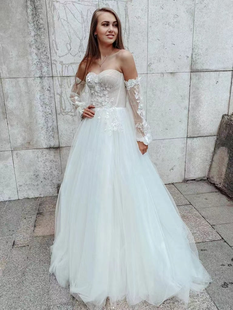 Detachable Sleeves A-line Wedding Dresses, Popular Lace Wedding Gowns, 2022 Newest Long Prom Dresses