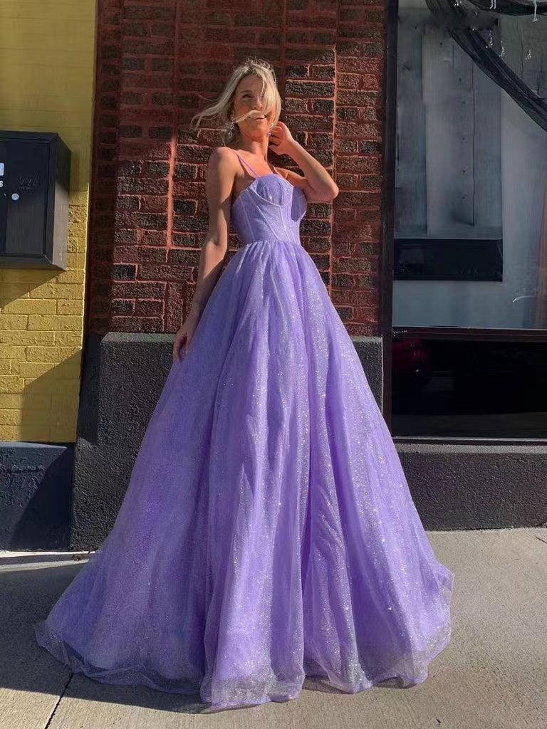 Spaghetti Straps Shiny Purple Long Prom Dresses, A-line 2022 Long Prom Dresses, Popular Evening Girl Dresses