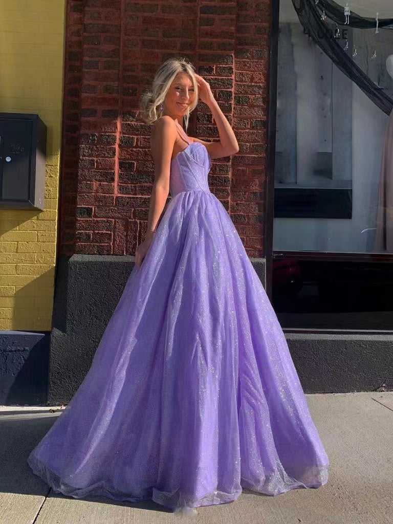 Spaghetti Straps Shiny Purple Long Prom Dresses, A-line 2022 Long
