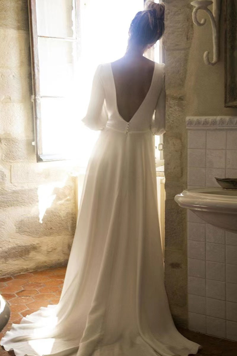 Mid Sleeves Simple 2022 Newest Wedding Dresses, V-neck Wedding Guest Dresses, Long Prom Dresses
