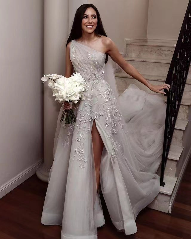 Elegant Lace Wedding Dresses, One Shoulder A-line Wedding Gowns, Newes Berryera Elegant Lace Wedding Dresses, One Shoulder A-line Wedding Gowns, Newes Berryera