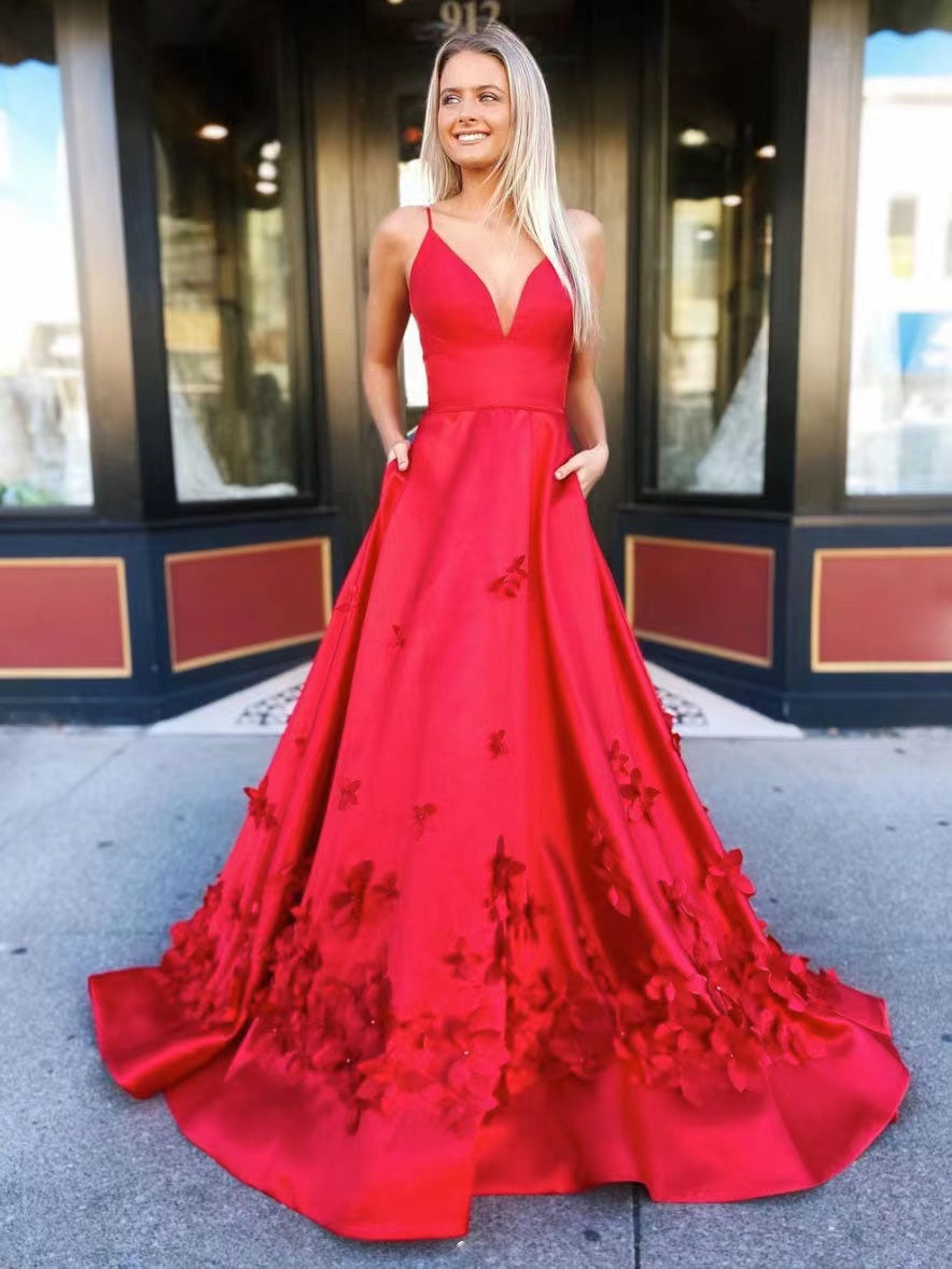 Spaghetti Long A-line Floral Prom Dresses, 3D Satin Flowers Prom Dress Berryera Spaghetti Long A-line Floral Prom Dresses, 3D Satin Flowers Prom Dress Berryera