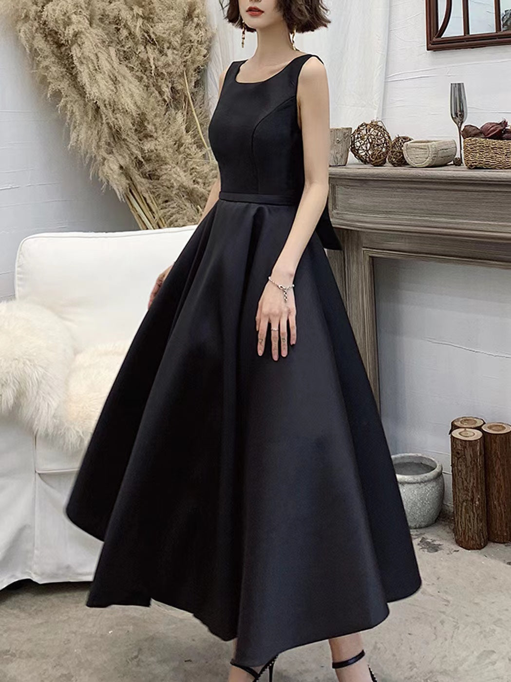Black A-line Satin Prom Dresses, Simple Girl Normal Dresses, 2022 Newest Party Dresses
