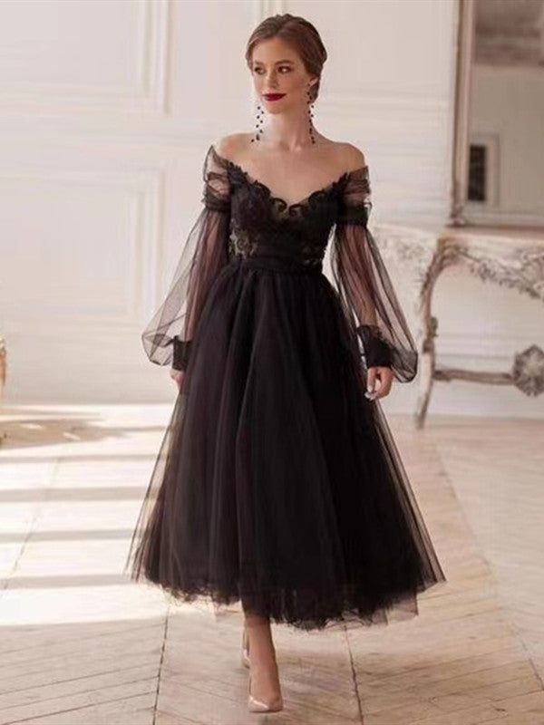 2022 Fashion Black Lace Long Prom Dresses, Long Sleeves Party