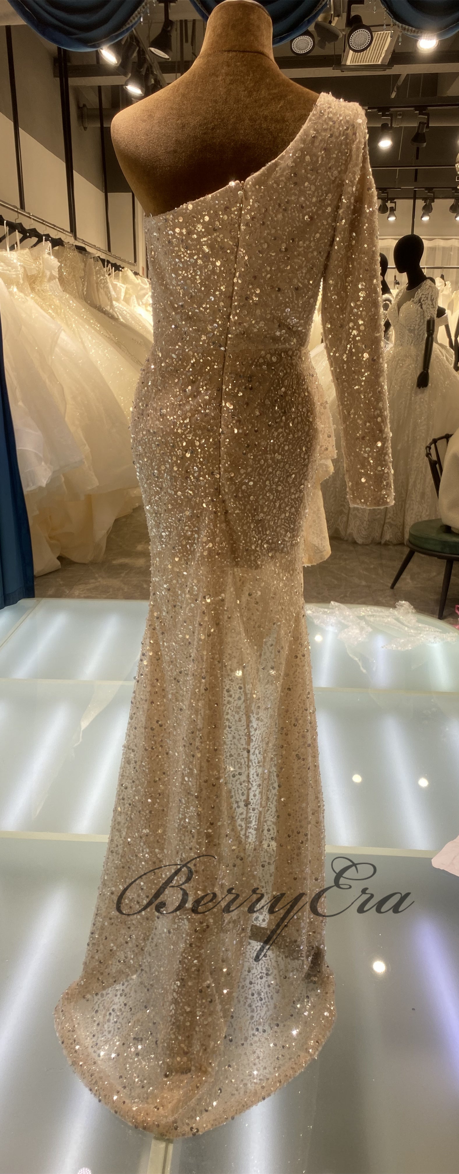 Sexy One Shoulder Beaded Hi-low Prom Dresses, Mermaid Prom Dresses, 2022 Prom Dresses, RC012