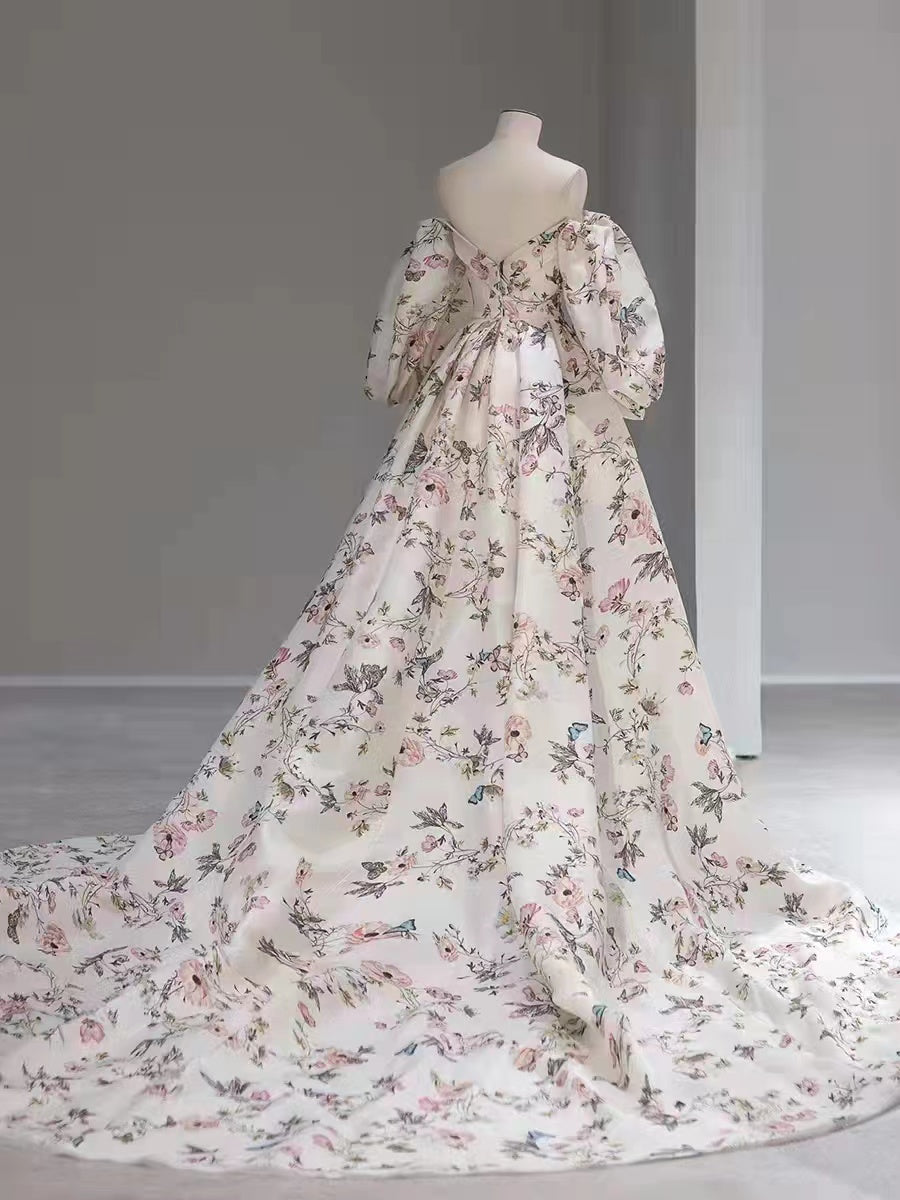 High Fashion Bubble Sleeves A-line Prom Dresses, Elegant Floral 2022 Long Prom Dresses, Popular Wedding Guest Dresses, Floral Gown