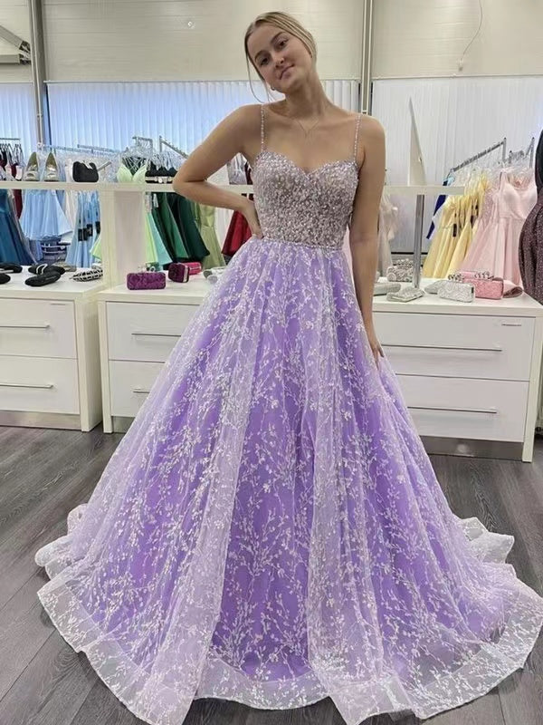 Spaghetti Straps Light Purple Long Prom Dresses, A-line 2022 Lace Prom Dresses, Girl Graduation Party Dresses