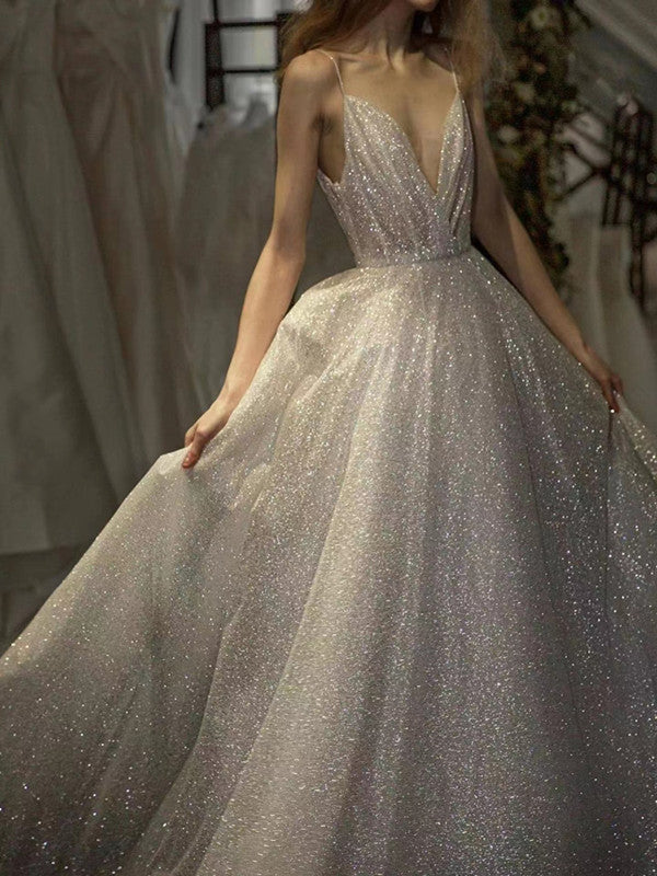 A-line Shiny 2022 Wedding Dresses, V-neck Bridal Gowns, Popular Bling Wedding Guest Dresses