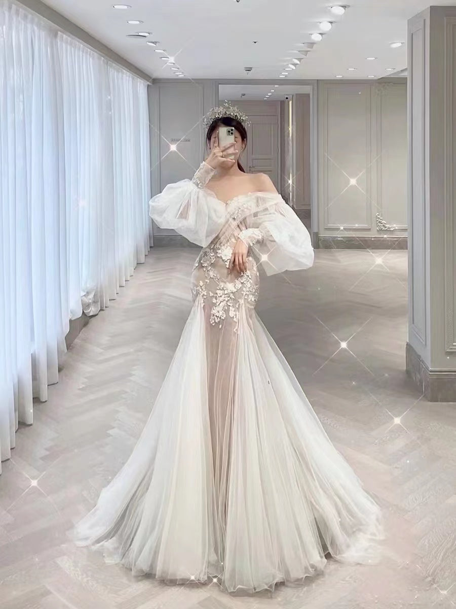 Popular Mermaid Lace Wedding Dresses, Bubble Sleeves Newest Bridal Gowns, Elegant Wedding Dresses
