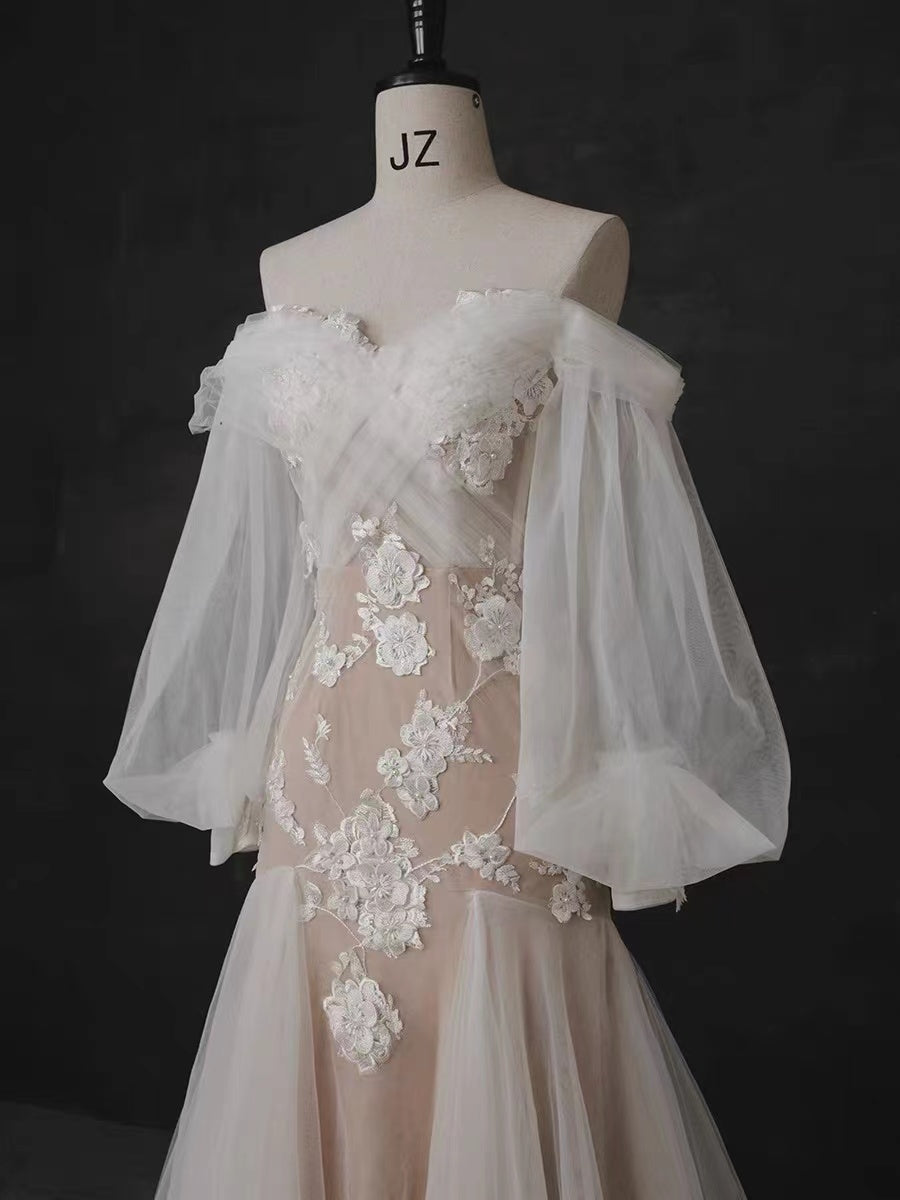 Popular Mermaid Lace Wedding Dresses, Bubble Sleeves Newest Bridal Gowns, Elegant Wedding Dresses