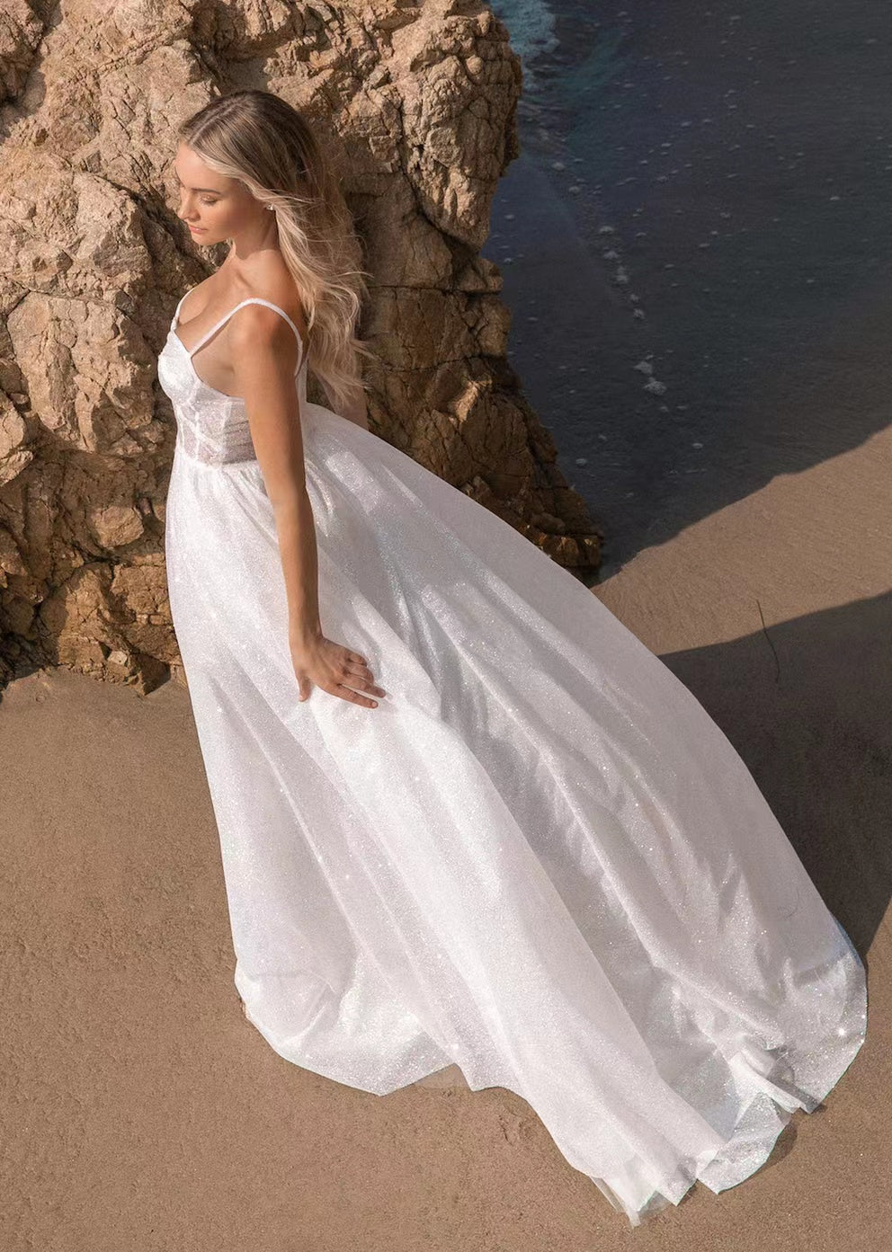 Spaghetti Straps Shiny Long Prom Dresses, A-line Beach Wedding Dresses, Glitter Wedding Guest Dresses