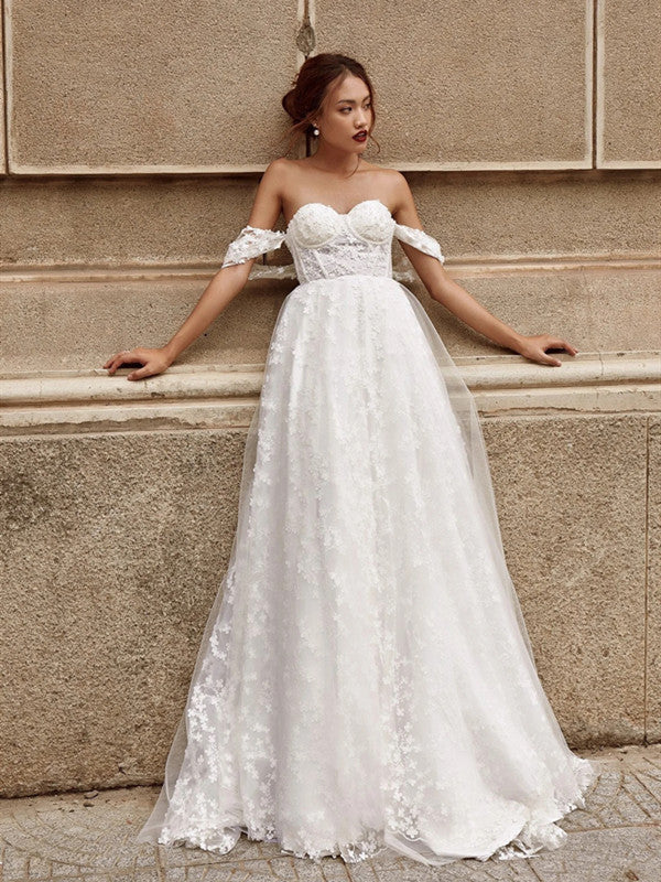 Off Shoulder Lace Popular Wedding Dresses, A-line Tulle Bridal Gowns, Elegant Appliques Wedding Gowns