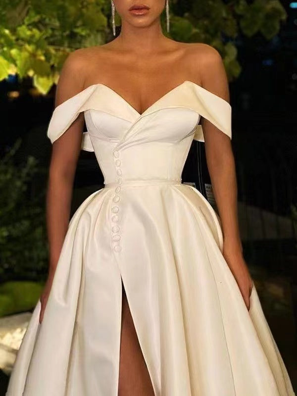 Off Shoulder A-line Simple Wedding Dresses, Ppular 2022 Long Prom Dresses, Evening Party  Dresses
