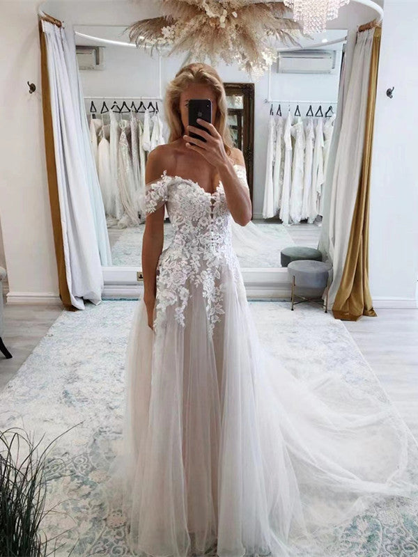 Elegant Off Shoulder Tulle Wedding Dresses, Lace Design A-line Wedding Dresses, Newest Tulle Wedding Dresses