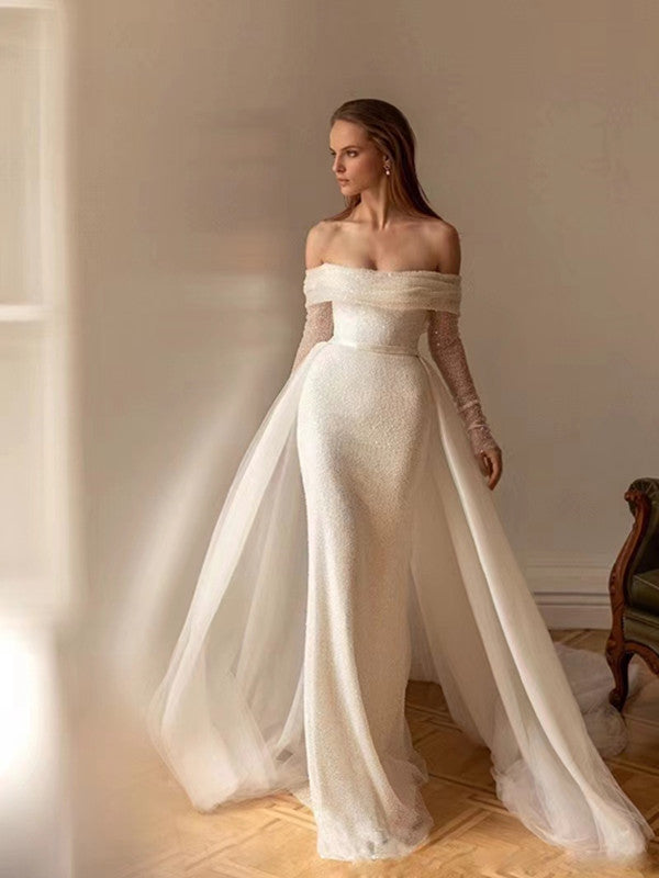 Long Sleeves Sequins Wedding Dresses, Off Shoulder Bridal Gowns, Mermaid Wedding Dresses