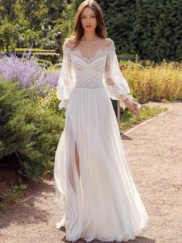 Long Sleeves Lace A-line Wedding Dresses, Newest Elegant Bridal Gowns, Side Slit Wedding Dresses