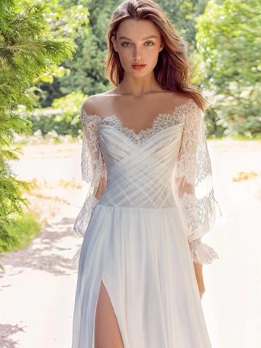 Long Sleeves Lace A-line Wedding Dresses, Newest Elegant Bridal Gowns, Side Slit Wedding Dresses