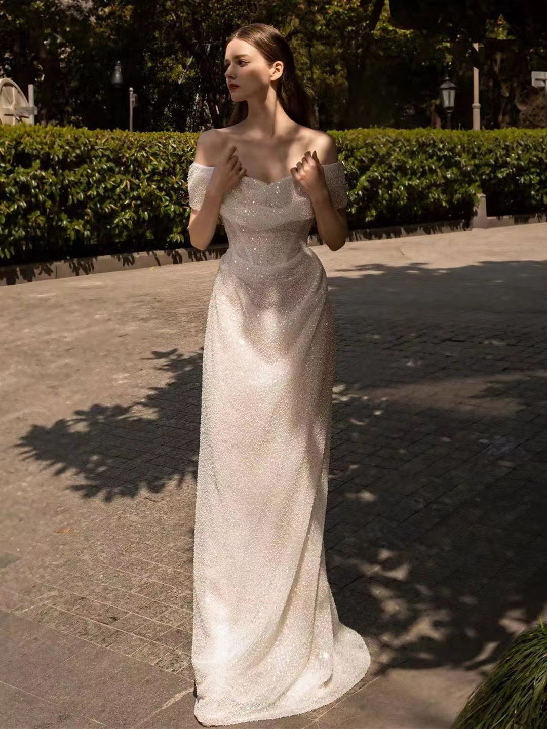 Long Sheath Shiny Wedding Dresses, Newest Off Shoulder Bridal Gowns, Elegant Wedding Dresses