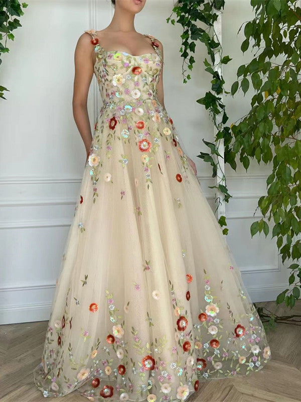 a line prom dresses 2023 A-line Princess V Neck Sleeveless Floor-Length Tulle Prom Dress with Sequins Appliqued Pockets Glitter Split S7541P - Prom Dresses