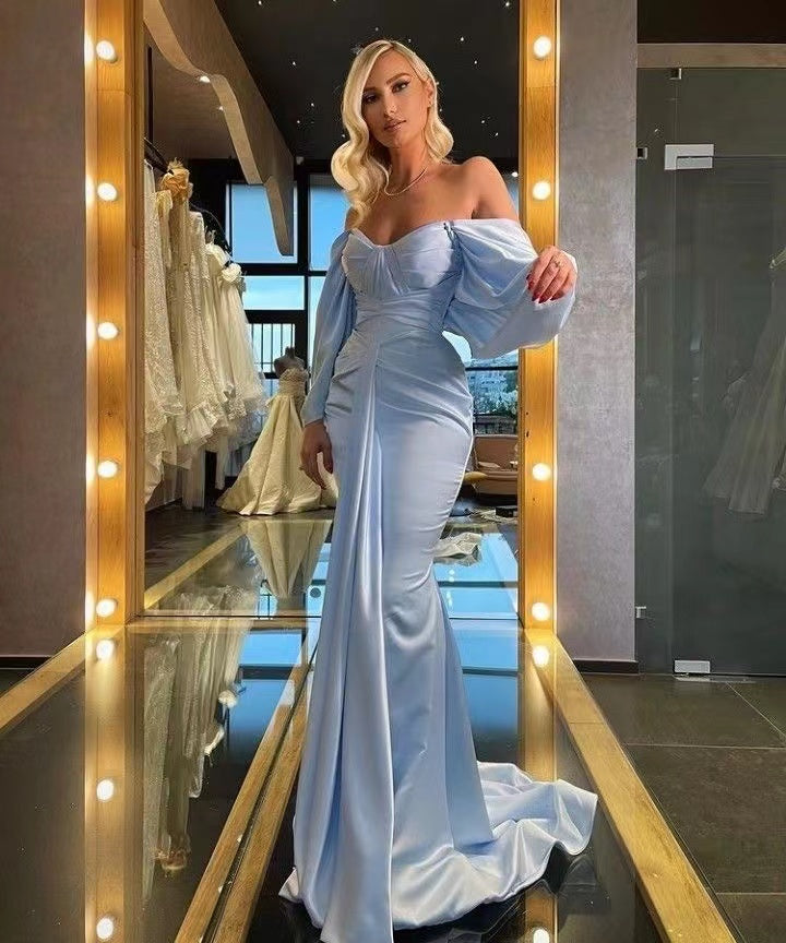 Baby Blue Off The Shoulder Party Dressses, 2023 Newest Long Prom Dresses, Occasion Dresses