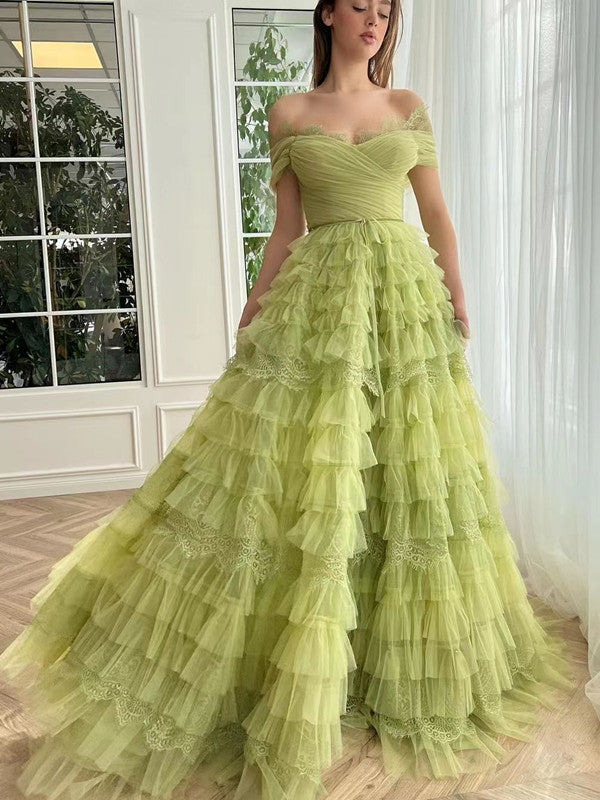 2023 Off Shoulder Long Prom Dresses, A-line Puffy Girl Party Dresses, Long Prom Dresses, Newest Prom Dresses