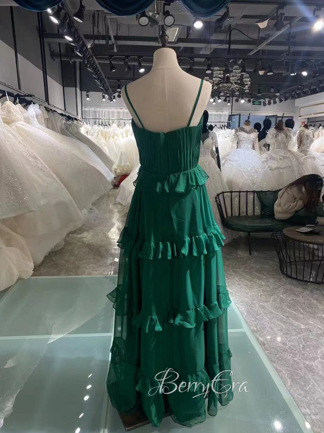 Spaghetti Long A-line Green Chiffon Prom Dresses, Evening Dresses