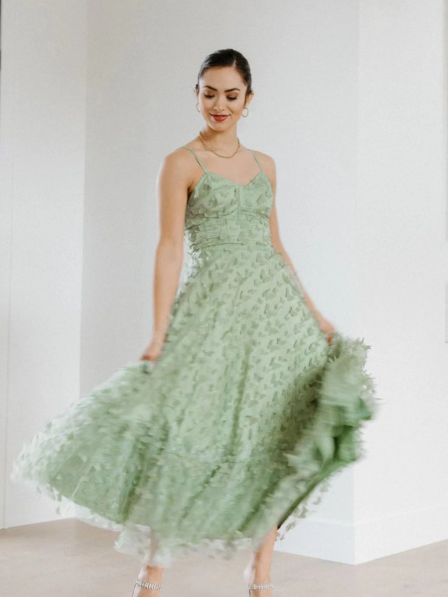 Spaghetti Sage Green 3D Butterflies Tea Length Prom Dresses, A-line Prom Dresses, Newest Prom Dresses, Affordable Prom Dresses, Party Dresses