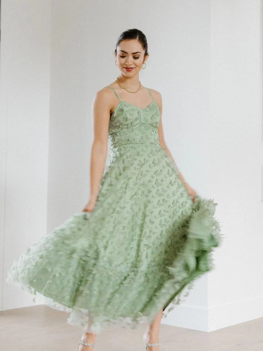 Spaghetti Sage Green 3D Butterflies Tea Length Prom Dresses, A-line Pr Berryera Spaghetti Sage Green 3D Butterflies Tea Length Prom Dresses, A-line Pr Berryera