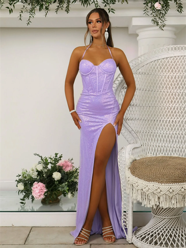 Halter Lalic Long Prom Dresses, Mermaid Sequins 2023 Prom Dresses, Girl Graduation Party Dresses