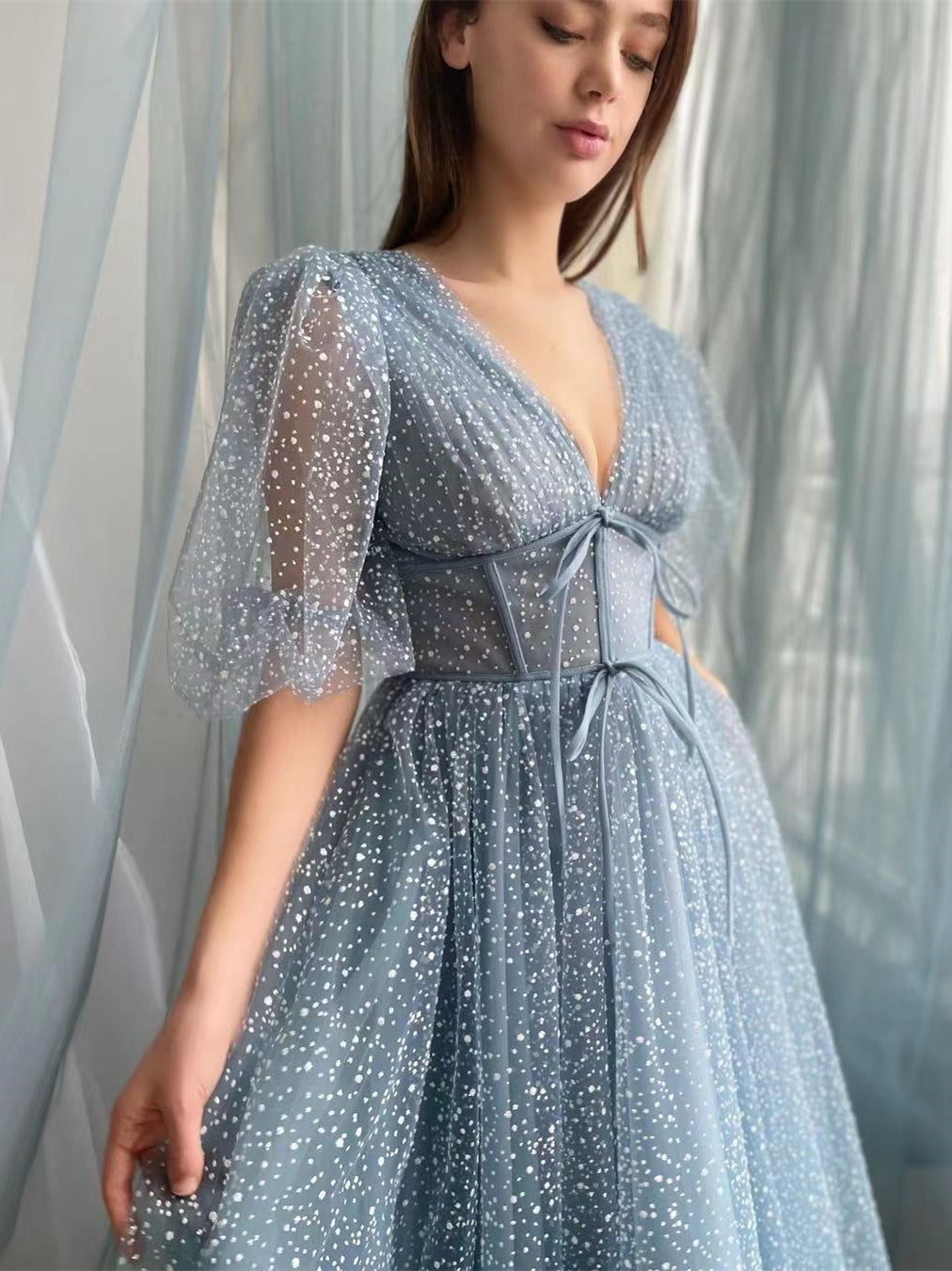 Half Sleeves Dusty Blue Glittery Tulle Prom Dresses, Tea Length Prom Dresses, Newest Prom Dresses, Unique Prom Dresses