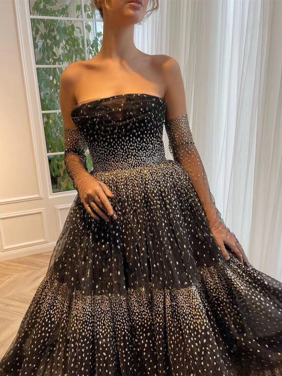 Pretty A line Strapless Black Tulle Prom Dress Evening Dresses With Beads C3372 main image 1