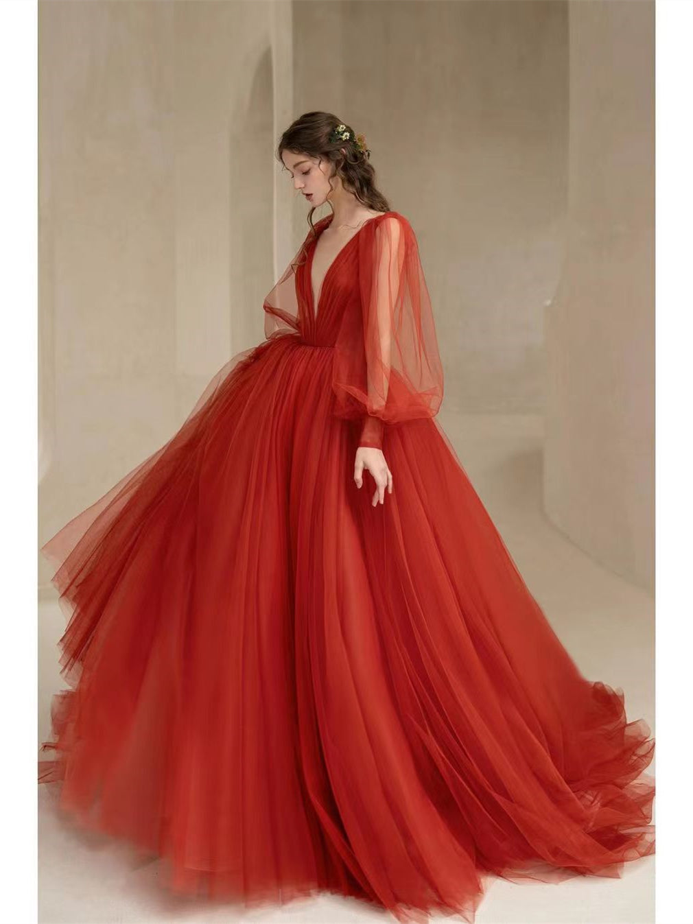Plunge V-neck Red Tulle Princess Dresses, A-line Prom Dresses, Bubble Sleeves Prom Dresses