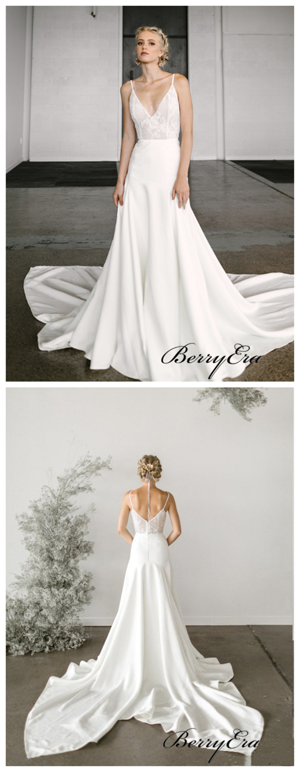 Spaghetti Straps Lace Wedding Dresses, Simple A-line Wedding Dresses