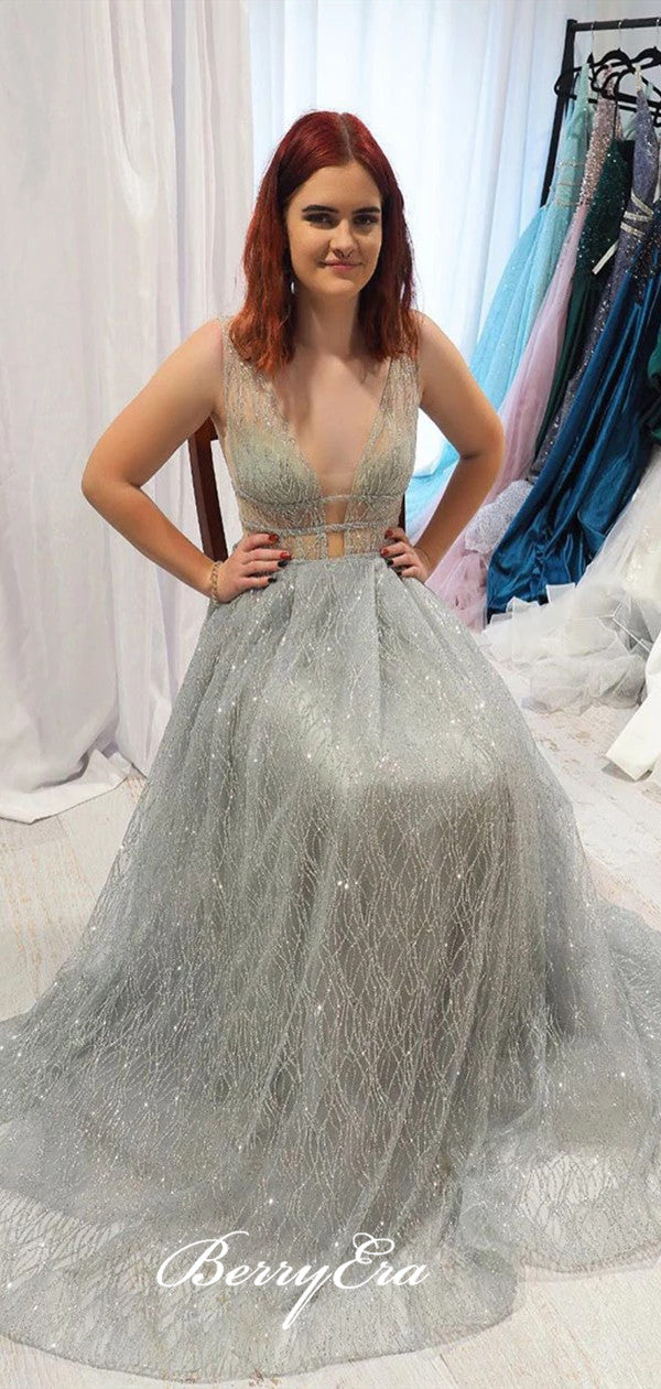 Elegant Glitter A-line Long Prom Dresses, Fashion Newest 2020 Evening Prom Dresses
