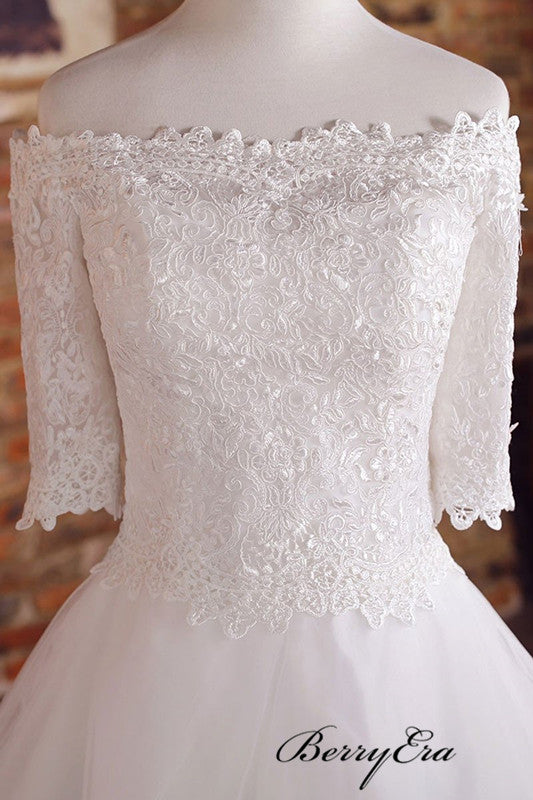 Mid Sleeves A-line Bridal Gowns, Lace Wedding Dresses, New Trend Wedding Dresses 2019